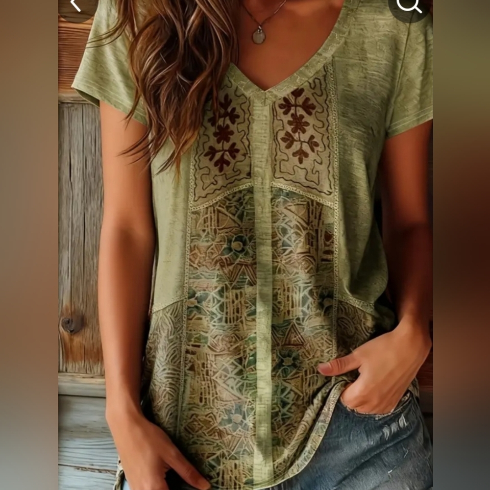 Olive Green Embroidered V-Neck Short Sleeve Tee